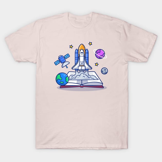 Space Shuttle With Book, Satellite And Planets T-Shirt by Catalyst Labs